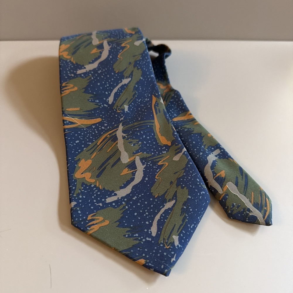 Vintage 1980s Manhattan Men's Neck Tie Abstract Swirl Blue Olive Green Yellow